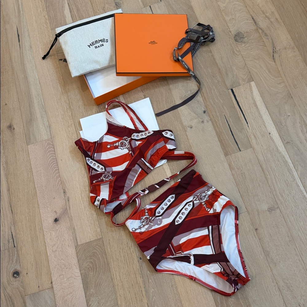 Hermes bikini Charlie 2024 Red, White & Burgundy Striped One-Piece Swimsuit